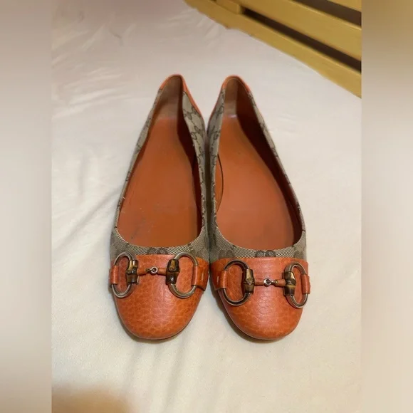 Gucci Beige/Orange GG Canvas And Leather Horsebit Ballet Flats US size 9 - Picture 1 of 7